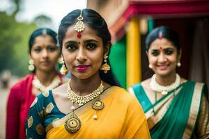 drie Dames in traditioneel saris. ai-gegenereerd foto