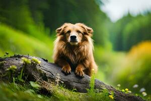 een hond zittend Aan een log in de bossen. ai-gegenereerd foto