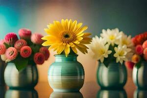 vier kleurrijk vazen met bloemen in hen. ai-gegenereerd foto