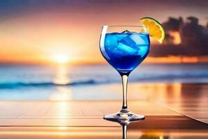 een blauw cocktail in een glas Aan de strand. ai-gegenereerd foto