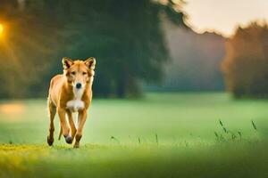 een hond rennen in de gras Bij zonsondergang. ai-gegenereerd foto