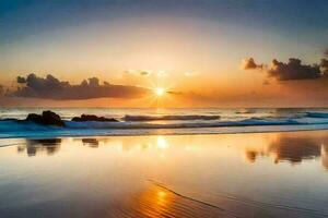 de zon stijgt over- de oceaan en golven Aan een strand. ai-gegenereerd foto