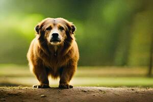 een bruin hond staand Aan een aarde weg. ai-gegenereerd foto