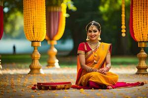 een mooi Indisch bruid zittend Aan de grond met bloemen. ai-gegenereerd foto