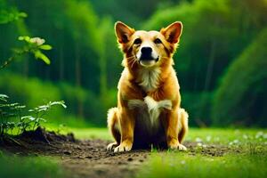 een hond zittend Aan de grond in de midden- van een veld. ai-gegenereerd foto