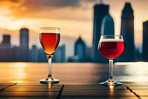twee bril van wijn Aan een tafel in voorkant van een stad horizon. ai-gegenereerd foto