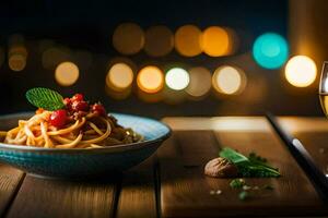 een bord van pasta en een glas van wijn Aan een houten tafel. ai-gegenereerd foto