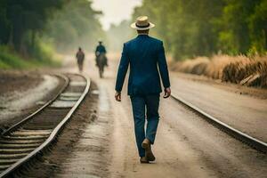 een Mens in een pak en hoed wandelen naar beneden een spoorweg spoor. ai-gegenereerd foto