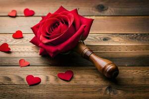 een rood roos Aan een houten tafel met harten. ai-gegenereerd foto