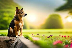 een hond zittend Aan een steen muur in een veld. ai-gegenereerd foto