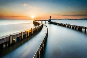 een lang blootstelling fotograaf van een pier Bij zonsondergang. ai-gegenereerd foto