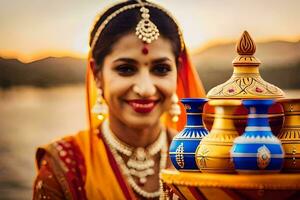 een vrouw in traditioneel Indisch kleding Holding een pot van olie. ai-gegenereerd foto