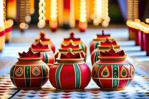 een rij van kleurrijk potten met kaarsen in hen. ai-gegenereerd foto