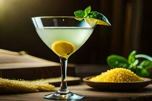 een martini met citroen en munt Aan een houten tafel. ai-gegenereerd foto