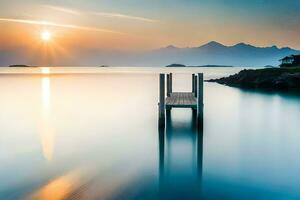 een pier in de water met de zon instelling achter het. ai-gegenereerd foto