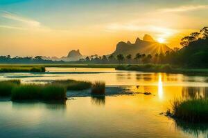 de zon stijgt over- een rivier- en bergen in Thailand. ai-gegenereerd foto