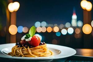 een bord van spaghetti met een aardbei en een visie van de stad. ai-gegenereerd foto