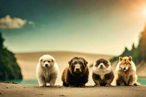 vijf honden staand in voorkant van een meer. ai-gegenereerd foto