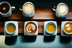 een verscheidenheid van koffie cups zijn bekleed omhoog Aan een tafel. ai-gegenereerd foto