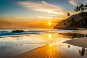 de zon sets Aan de strand in sri lanka. ai-gegenereerd foto