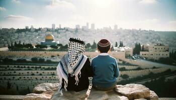 symbool van vrede Joods en Palestijn vrienden in Jeruzalem. generatief ai foto