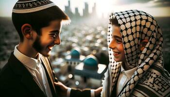 symbool van vriendschap Joods en Palestijn tieners Verenigde voor vrede. generatief ai. foto