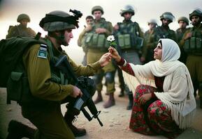 Palestijn vrouw aanbieden vrede bloem naar Israëlisch soldaat. generatief ai. foto