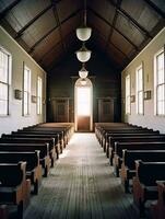 interieur van een Amerikaans amish kerk generatief ai foto