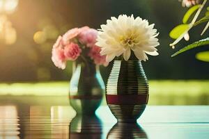 twee vazen met bloemen zittend Aan een tafel. ai-gegenereerd foto