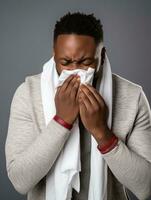 Afrikaanse Mens is getoond lijden van verkoudheid met vloeibaar neus- Aan grijs achtergrond ai generatief foto