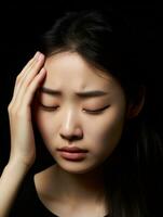 Aziatisch vrouw verschijnt naar worden in pijn van hoofdpijn ai generatief foto