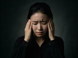 Aziatisch vrouw verschijnt naar worden in pijn van hoofdpijn ai generatief foto