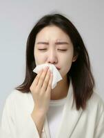 Aziatisch vrouw is getoond lijden van verkoudheid met vloeibaar neus- Aan grijs achtergrond ai generatief foto
