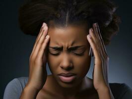 zwart vrouw verschijnt naar worden in pijn van hoofdpijn ai generatief foto