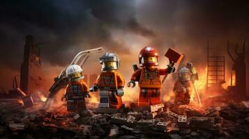 Lego heroes samenwerken omhoog naar opslaan de wereld ai generatief foto