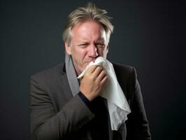 Mens is getoond lijden van verkoudheid met vloeibaar neus- Aan grijs achtergrond ai generatief foto