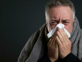 Mens is getoond lijden van verkoudheid met vloeibaar neus- Aan grijs achtergrond ai generatief foto