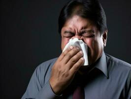 Mexicaans Mens is getoond lijden van verkoudheid met vloeibaar neus- Aan grijs achtergrond ai generatief foto