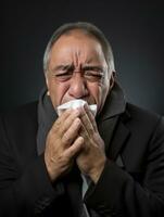 Mexicaans Mens is getoond lijden van verkoudheid met vloeibaar neus- Aan grijs achtergrond ai generatief foto