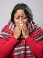 Mexicaans vrouw is getoond lijden van verkoudheid met vloeibaar neus- Aan grijs achtergrond ai generatief foto