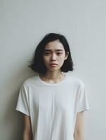 Aziatisch vrouw is verdrietig Aan een minimalistische neutrale achtergrond ai generatief foto