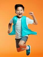 jong Aziatisch kind gekleed in sportkleding duidelijk actief en vol van energie ai generatief foto