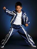 jong Aziatisch kind gekleed in sportkleding duidelijk actief en vol van energie ai generatief foto