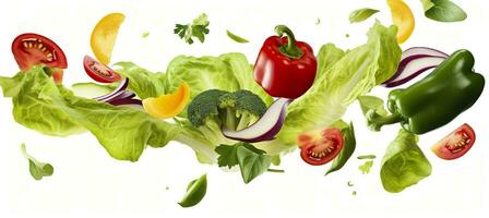 vallend groenten, salade van klok peper, tomaat, en sla bladeren. generatief ai foto