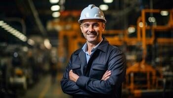 een mannetje industrieel ingenieur vervelend een veiligheid helm en andere beschermend uitrusting werken voorzichtig in een fabricage fabriek, zorgen voor de veiligheid en rendement van activiteiten. generatief ai. foto