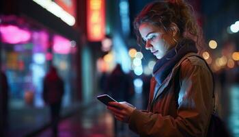 jong Dames in de stad licht omhoog de nacht met hun smartphones, Verbinden met vrienden en familie, blijven op de hoogte, en verkennen de wereld in de omgeving van hen. generatief ai. foto