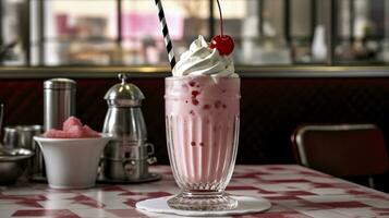 kers milkshake in een klassiek Amerikaans diner. voedsel fotografie concept. generatief ai foto