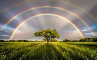 van de natuur wonder, getuige zijn de adembenemend schoonheid van een dubbele regenboog opkomend van de nasleep van een storm. ai gegenereerd foto