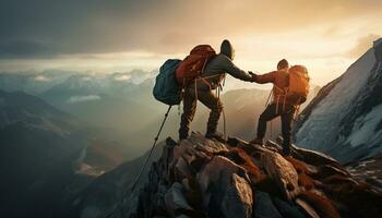 een bergbeklimmer bereikt uit een helpen hand- naar zijn teamgenoot, demonstreren de belang van samenspel en motivatie in bereiken succes in de gezicht van uitdagend conditie. generatief ai foto