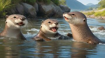 rivier- feestvreugde, een hartverwarmend glimp in de blij wereld van een speels Otter familie. ai gegenereerd foto